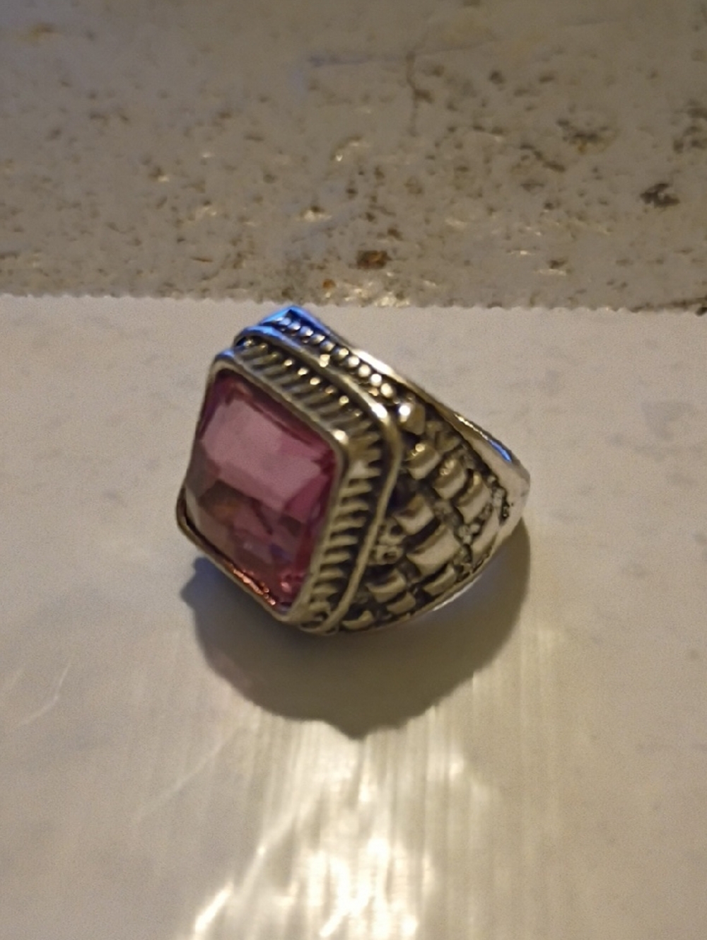 Silver-Tone Ring with Pink Faceted Square Stone